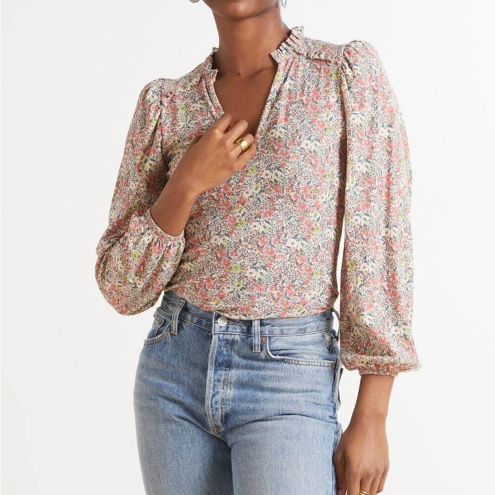Nation LTD Evereve Claudine Yoked Tee Peasant Cottage Floral Puff Sleeve Top M